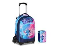 Trolley Scuola Seven 3 Ruote - Stitch Cute And Fluffy - Scuola Elementare Bambina + Astuccio 3 piani cancelleria + 7 penne cancellabili, portachiave Stitch e set scrittura in bicchiere