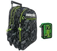 Trolley Zaino Scuola compatibile con Minecraft Camo Grigio Linee Fluo per bambini primaria media + astuccio 2 zip + 7 penne cancellabili