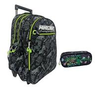 Trolley Zaino Scuola compatibile con Minecraft Camo Grigio Linee Fluo per bambini primaria media + Astuccio ovale + 7 penne cancellabili