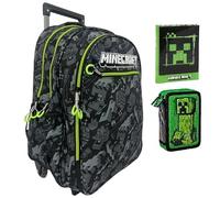 Trolley Zaino Scuola compatibile con Minecraft Camo Grigio Linee Fluo per bambini primaria media + astuccio 2 zip + Diario scolastico F.to Standard 18x14 cm + 7 penne cancellabili