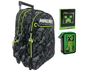 Trolley Zaino Scuola compatibile con Minecraft Camo Grigio Linee Fluo per bambini primaria media + astuccio 2 zip + Diario scolastico F.to Standard 18x14 cm + 7 penne cancellabili