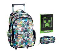 Trolley Zaino Scuola compatibile con Minecraft Chibi Multicolore per bambini primaria media + astuccio ovale zip + Diario scolastico F.to Standard 18x14 cm + 7 penne cancellabili