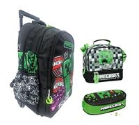 Trolley Zaino Scuola compatibile con Minecraft Tondo 3 Scomparti zip per bambini primaria media + astuccio ovale zip + Borsa termica Snack Bag 21 cm per il pranzo merenda
