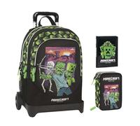 Trolley Zaino Scuola Staccabile compatibile con Minecraft per bambini + astuccio 3 piani completo di cancelleria + diario 2025/2026 + 7 Penne Scatto cancellabili e portachiave fischietto