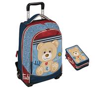 Trolley Zaino Scuola Trudi Peluche Cucciolo Orso Arancione Blu + Astuccio 3 piani + omaggio 7 penne + portachiave paillettes