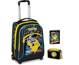 Trolley Zaino Seven compatibile con Pokemon nero per la scuola elementare Bambini + Astuccio 3 piani + diario + set scrittura