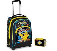Trolley Zaino Seven compatibile con Pokemon nero per la scuola elementare Bambini + Astuccio 3 piani + set scrittura
