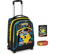 Trolley Zaino Seven compatibile con Pokemon nero per la scuola elementare Bambini + Astuccio ovale zip + diario + set scrittura
