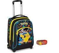 Trolley Zaino Seven compatibile con Pokemon nero per la scuola elementare Bambini + Astuccio ovale zip + set scrittura