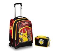 Trolley Zaino Seven compatibile con Pokemon nero rosso giallo per la scuola elementare Bambini + Astuccio 3 piani + set scrittura