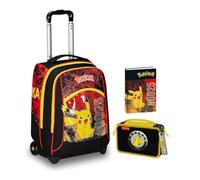 Trolley Zaino Seven compatibile con Pokemon nero rosso giallo per la scuola elementare Bambini + Astuccio 3 piani + diario 2025/2026 + set scrittura
