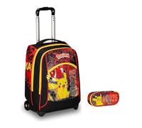 Trolley Zaino Seven compatibile con Pokemon nero rosso giallo per la scuola elementare Bambini + Astuccio ovale zip + set scrittura
