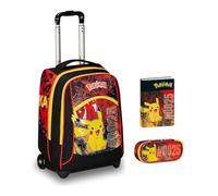 Trolley Zaino Seven compatibile con Pokemon nero rosso giallo per la scuola elementare Bambini + Astuccio ovale zip + diario 2025/2026 + set scrittura