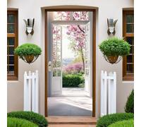 Trompe l'oeil Adesivi per Porte Bellissima vista sul giardino del balcone Autoadesiva Impermeabile PVC, Carta da parati per pareti e porte poster per la camera da letto e il soggiorno 77 x 200 cm