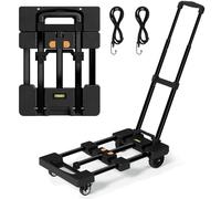 TROOZY Carrello pieghevole a mano, 66 cm max allungabile con 6 ruote (2 con freno) e 2 corde elastiche, 226,8 kg, piattaforma multiuso per lavoro quotidiano, spesa, giardino, bagagli e campeggio, nero
