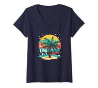 Tropic Come se Fosse Caldo: Beachy Paradise Sunset Vibes Maglietta con Collo a V, Donna, Navy, L