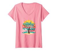 Tropic Come se Fosse Caldo: Beachy Paradise Sunset Vibes Maglietta con Collo a V, Donna, Rosa, L
