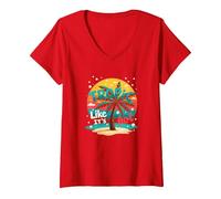 Tropic Come se Fosse Caldo: Beachy Paradise Sunset Vibes Maglietta con Collo a V, Donna, Rosso, L