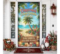 Tropical Beach - Copri porta con conto alla rovescia per Natale, 91 x 183 | Scena tropicale sulla spiaggia, cartello per porta d'ingresso, motivo palma, tema invernale costiero, saluto stagionale