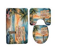 Tropical Beach Ocean Palm Tree Inspirational Quotes Coastal Starfish Sunset Watercolor Scenery Set Di Tappetini Da Bagno 3 Pezzi, Zerbino Resistente Tappetino Contorno Wc Per La Casa Toeletta