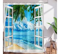 Tropical Beach Shower Curtain Summer Seaside Scenery Hawaiian Palm Tree Ocean Island Bath Curtains White Wooden Window Polyester Waterproof Bathroom Decor Shower Curtain Sets with Hooks 72x72 Inch