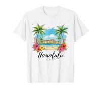 Tropical Beach Travel Honolulu Hawaii Palme Fiori Maglietta