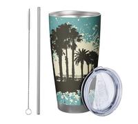 Tropical con coperchio e cannuccia, stile rustico, colore blu e beige, in metallo inox caldo e freddo, senza fuoriuscite, per ufficio, esterno, club, dormitorio