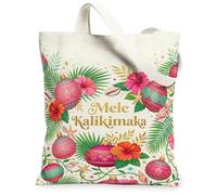 Tropical Island Winter Quote Hibiscus Christmas Canvas Tote Bag 33 x 38 cm | Atmosfera tropicale invernale, motivo floreale ibisco, accenti di conchiglia, decorazione in stile isola