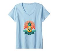 Tropical State of Mind Pineapple Paradise Beach, hawaiani Maglietta con Collo a V, Donna, Celeste, XL