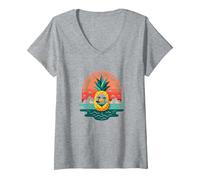 Tropical State of Mind Pineapple Paradise Beach, hawaiani Maglietta con Collo a V, Donna, Grigio Melange, L