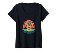 Tropical State of Mind Pineapple Paradise Beach, hawaiani Maglietta con Collo a V, Donna, Nero, L