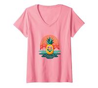 Tropical State of Mind Pineapple Paradise Beach, hawaiani Maglietta con Collo a V, Donna, Rosa, XL