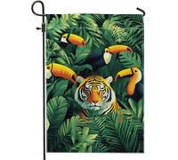 Tropical Woods Vibrant Green Tiger And Toucan Bandiere Resistente Alle Intemperie Bandiere Verticale Colore Vivido Bandiera Da Giardino Per Interno Esterno Casa 30X45Cm