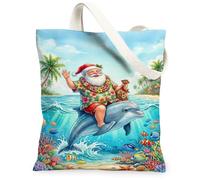 Tropicale Babbo Natale Cavalcando Delfino Claus Canvas Tote Bag 33x38,1 cm | Scena tropicale della spiaggia, camicia hawaiana, barriera corallina, vita dell'oceano, estetica delle vacanze