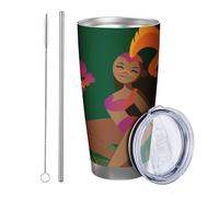 Tropicale con coperchio bicchiere Set Di 1 Ragazza Nera Divertente Modello Fiore Foglie Astratto Artistico verde giallo Acciaio Metallo Caldo E Freddo No Spill Ufficio Outdoor Club Dormitorio Caffè