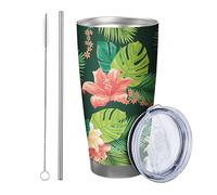 Tropicale con coperchio e cannuccia bicchiere Cottage Foglie Pianta Bella Fiore Botanico verde rosa Isolato Can Cooler No Spill Ufficio Outdoor Club Dormitorio senza stelo Doppia parete 590 ml