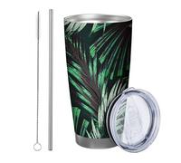 Tropicale con coperchio e cannuccia bicchiere Trippy Neutro Fresco Foglie Pianta Botanical Designs Modello verde Acciaio Metallo Caldo e Freddo No Spill Ufficio Outdoor Club Dormitorio Tazza da caffè