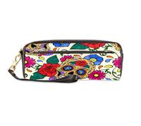 TropicalLife Astuccio portapenne in pelle PU con scritta "Day of the Dead", per bambini, ragazze, ragazzi, uomini, donne, teschio, fiore, astuccio con cerniera, astuccio per cancelleria e cosmetici,