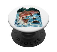 Trota, pesca a mosca, ruscello di montagna, pescatore, pesce saltante PopSockets PopGrip Adesivo