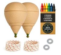 Trottola in legno per bambini, confezione da 2 pezzi + 6 cere colorate + 2 rondelle | fatto a mano in Spagna con punta rotonda.