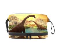Trousse a doppio strato con dinosauro nel paesaggio delle montagne del lago, per donne e ragazze, borsa da viaggio per trucchi pratica borsa organizer con scomparto per pennelli, Multi, 27x15x14