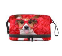 Trousse a doppio strato con petali di rose Jack Russel, per donne e ragazze, trousse da viaggio per trucchi, pratica borsa organizer con scomparto per pennelli, Multi, 27x15x14 cm/10.6x5.9x5.5 in,