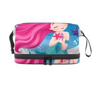 Trousse a doppio strato con sirenetta con capelli rosa, per donne e ragazze, trousse da viaggio per trucchi, pratica borsa organizer con scomparto per pennelli, Multi, 27x15x14 cm/10.6x5.9x5.5 in,