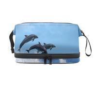 Trousse a doppio strato con tre delfini che saltano sopra le onde infrangenti, per donne e ragazze, borsa da viaggio per trucchi pratica borsa organizer con scomparto per pennelli, Multi, 27x15x14