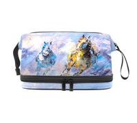 Trousse a doppio strato per cosmetici con cavalli che corrono, per donne e ragazze, borsa da viaggio per trucchi, pratica borsa organizer con scomparto per pennelli, Multi, 27x15x14 cm/10.6x5.9x5.5