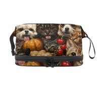 Trousse a doppio strato per cosmetici con gatti e cani che mangiano frutta insieme, per donne e ragazze, borsa da viaggio per trucchi, pratica borsa organizer con scomparto per pennelli, Multi,