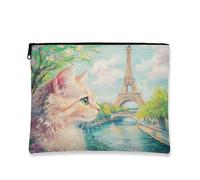 Trousse artistica con gatto, borsa da viaggio vintage parigina per donne, organizer portatile in tela con cerniera, borsa da toilette primaverile per la cura della pelle, 17,8 x 22,9 cm