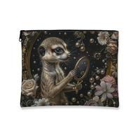 Trousse artistica floreale per trucco, graziosa borsa da viaggio con specchio a forma di suricato, borsa da viaggio per donne, piccola borsa portatile in tela con cerniera, regalo per festival, nero