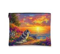 Trousse artistica per il trucco con cane, borsa cosmetica floreale tramonto per donne, organizer portatile in tela con cerniera, custodia da viaggio primaverile da 17,8 x 22,9 cm