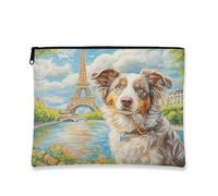 Trousse artistica per il trucco con cane, borsa da viaggio per cosmetici con paesaggio parigino, borsa da viaggio portatile in tela con cerniera, borsa da viaggio primaverile, bianco, 7x9 Inch, Cane